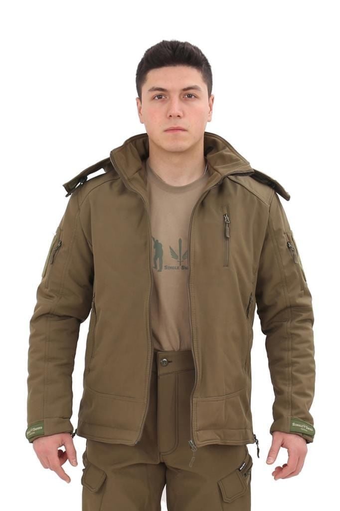 Single Sword Taktik Çok Cepli Polar Astarlı Suya Dayanıklı Avcı Outdoor Softshell Mont HAKİ