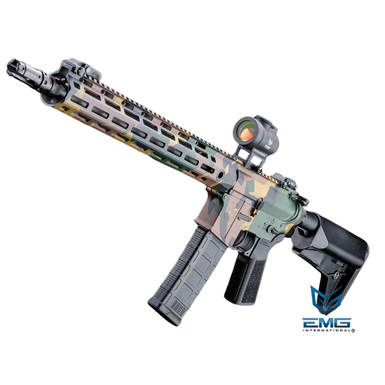 EMG Umbrella Corporation Weapons Research Group Licensed M4 M-LOK Airsoft AEG Rifle (Color: Woodland Water Transfer / Carbine 400 FPS)