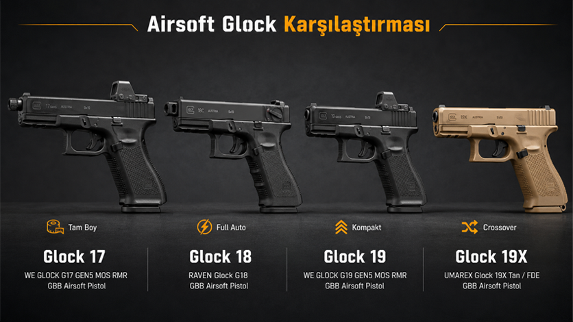 Airsoft Glock 17 Glock 18 Glock 19 ve Glock 19X karşılaştırması