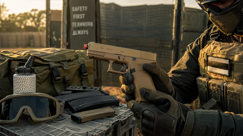 Airsoft Glock 19X tan renk saha kullanımı