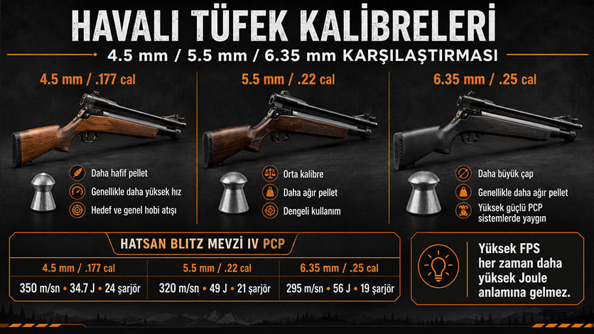 4.5 mm 5.5 mm ve 6.35 mm havalı tüfek kalibreleri