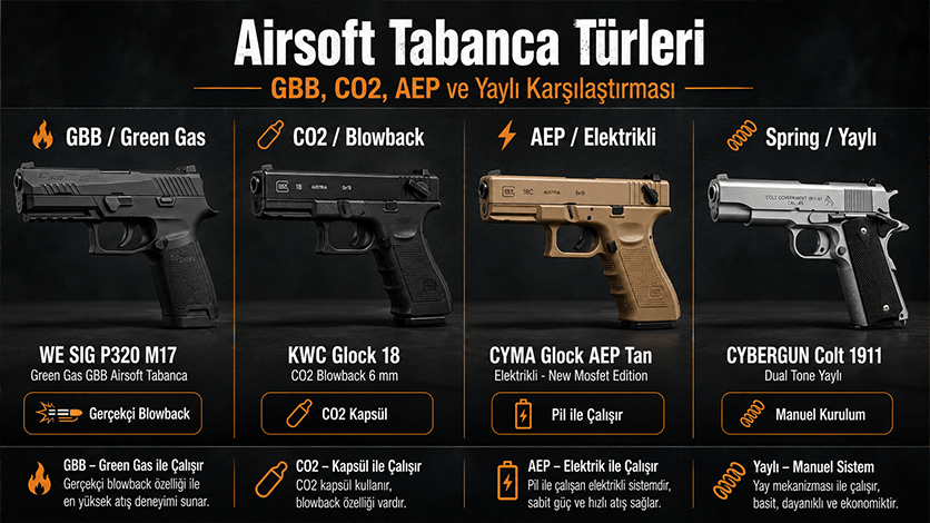 Airsoft Tabanca Türleri GBB CO2 AEP ve Yaylı Sistemler Karşılaştırması