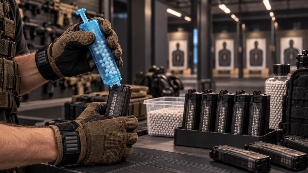 Airsoft poligon otomatik BB şarjör doldurma sistemi