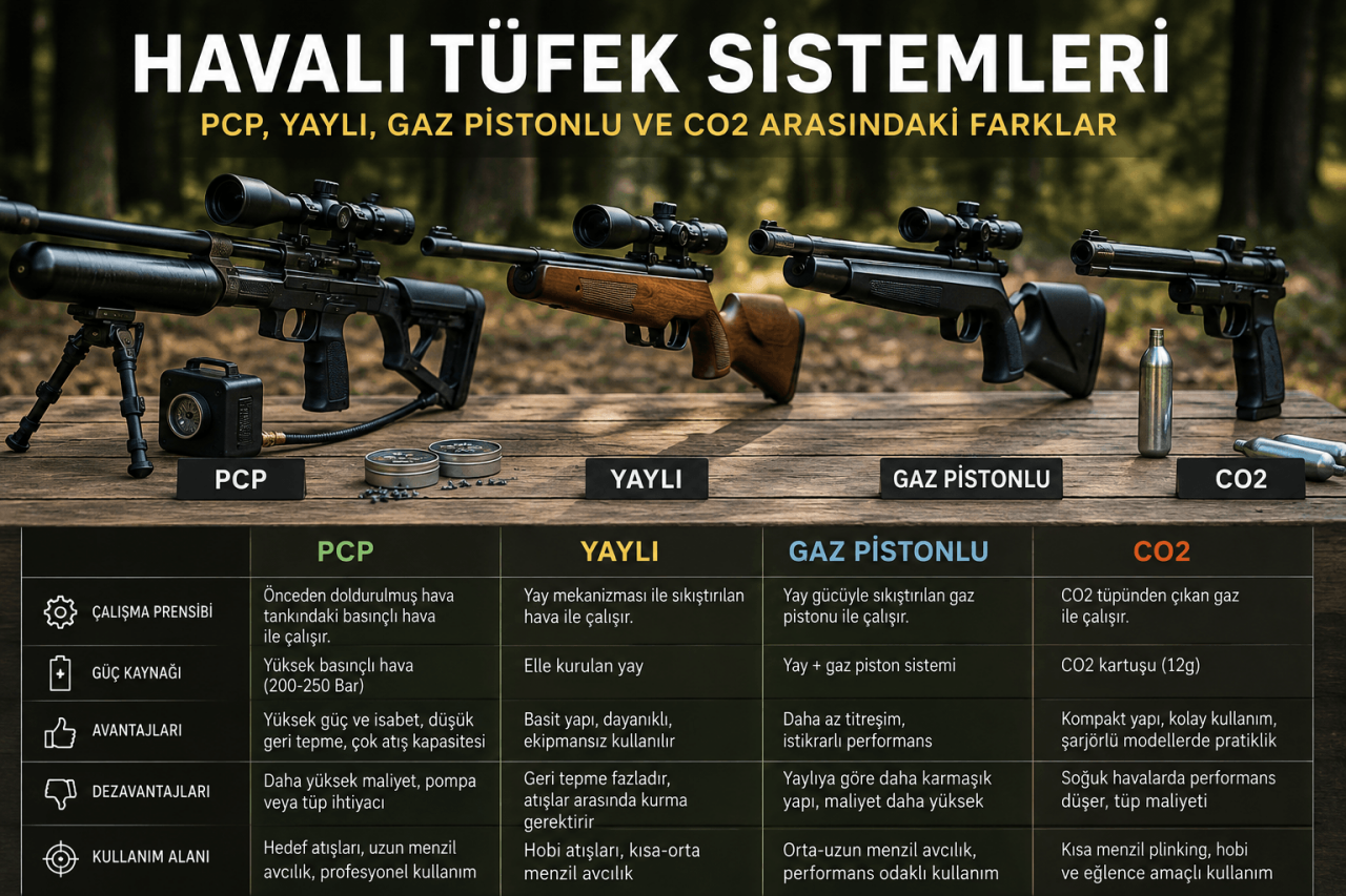 Havalı Tüfek Sistemleri: PCP, Yaylı, Gaz Pistonlu ve CO2 Arasındaki Farklar