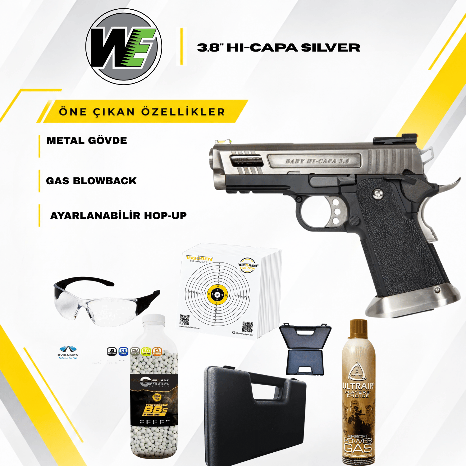 WE 3.8'' Hi-Capa Silver GBB Airsoft Tabanca Seti