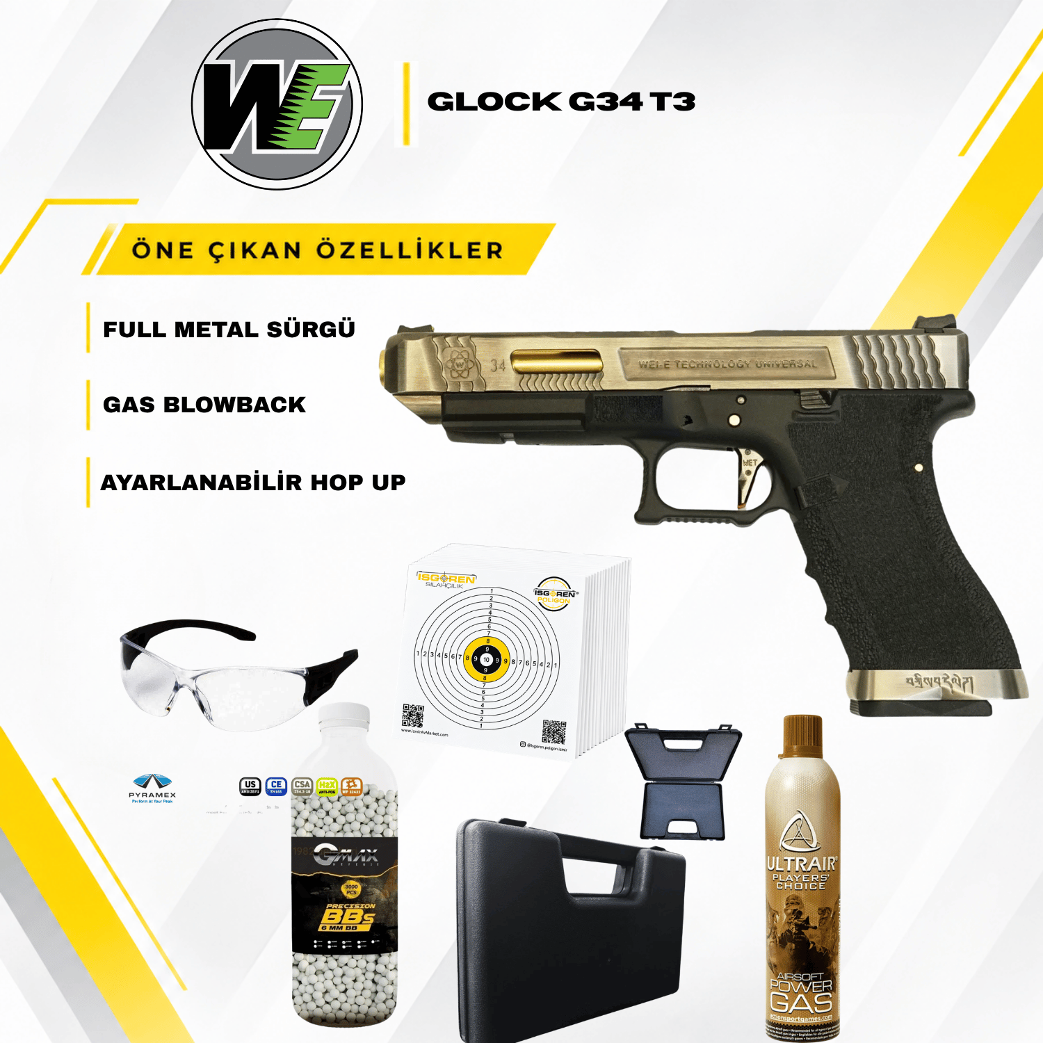 WE Glock G34 T3 GBB Airsoft Tabanca Seti - GOLD Namlu
