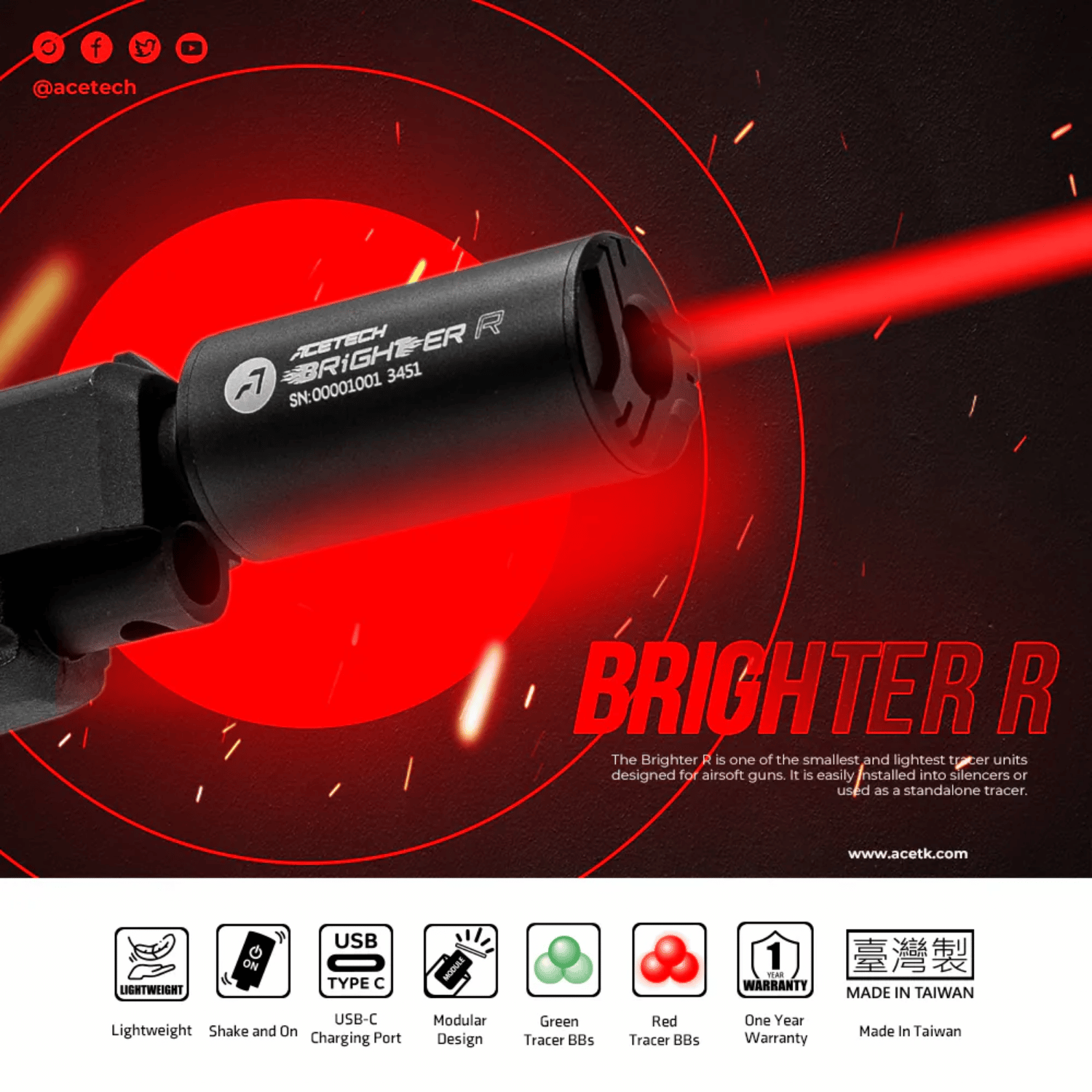 AceTech Brighter-R Airsoft Tracer Ünitesi 14mm CCW / 11mm CW Uyumlu - PAT0520-B-001