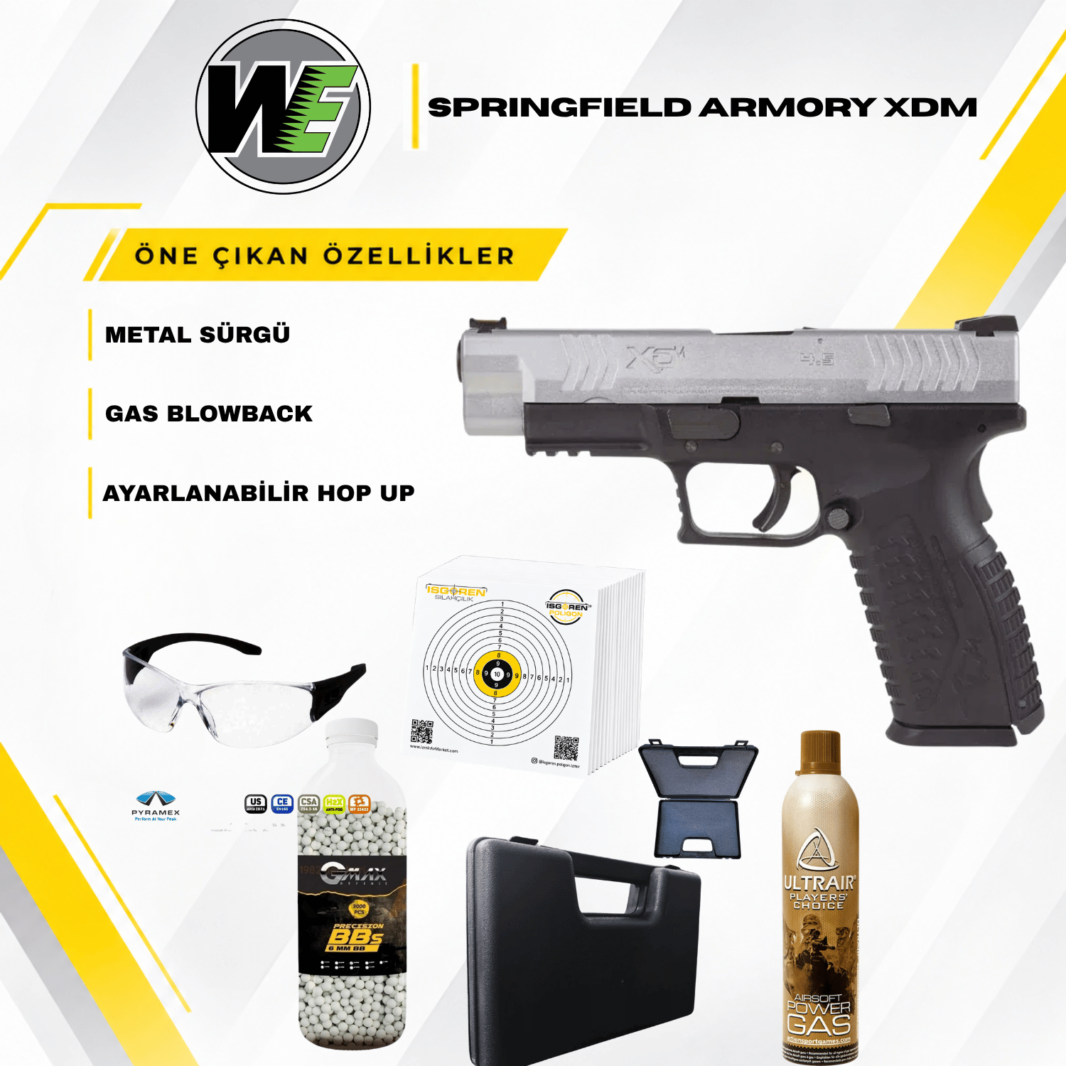 WE Springfield Armory XDM SILVER 2TONE 6mm GBB Airsoft Tabanca Seti