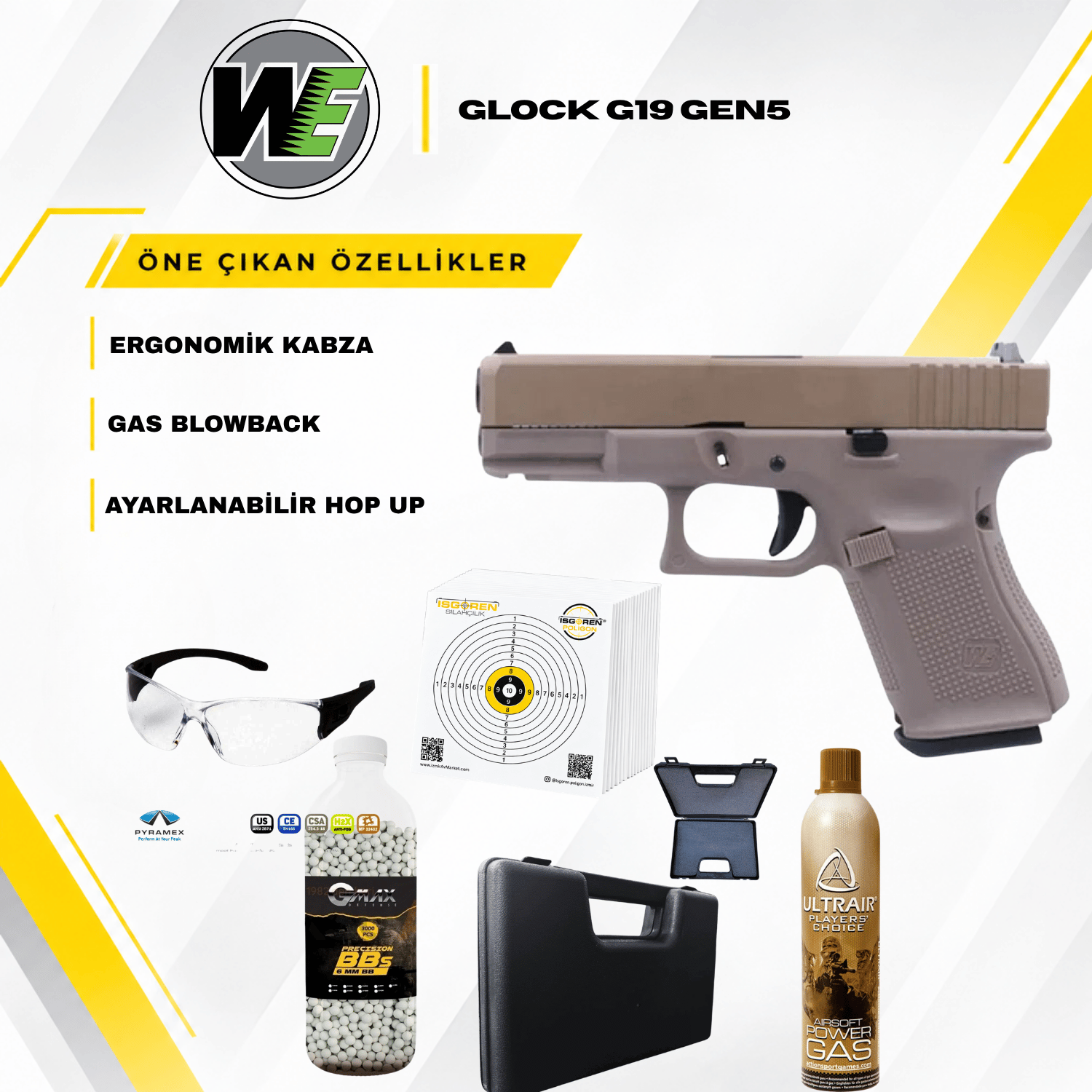 WE Glock G19 Gen5 Tan GBB Airsoft Tabanca Seti
