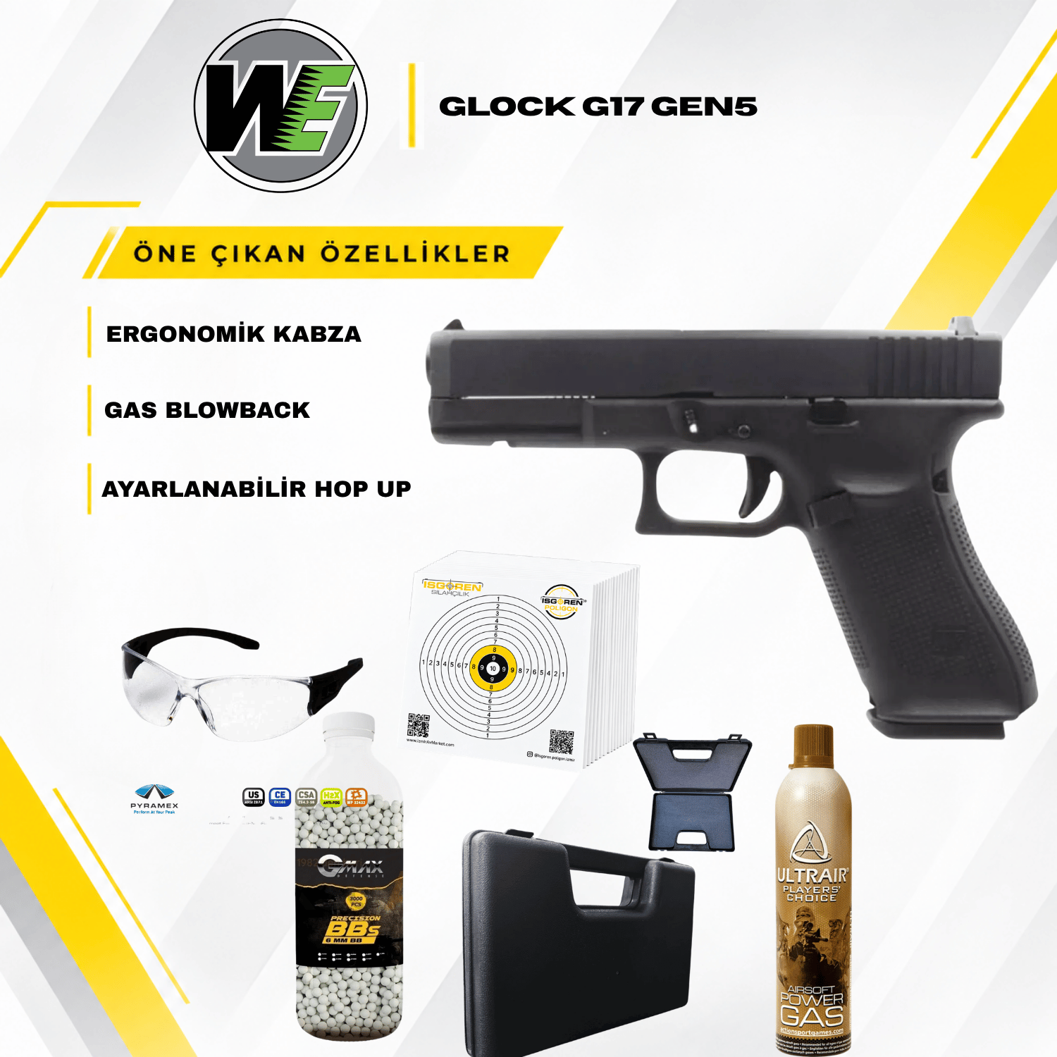 WE Glock G17 Gen5 Siyah GBB Airsoft Tabanca Seti