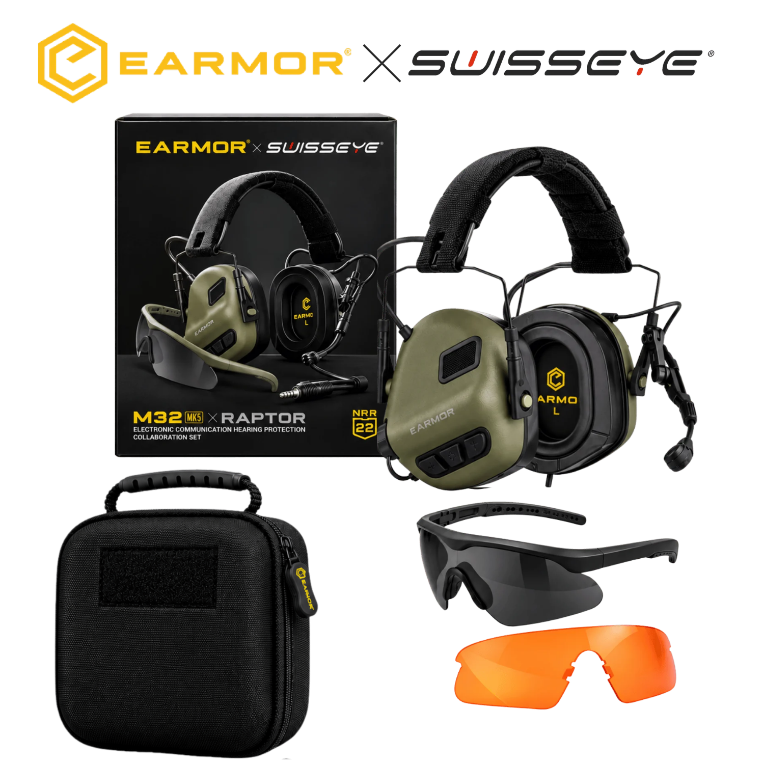 Earmor M32 Plus X SwissEye Raptor Elektronik Atış Kulaklığı ve Gözlük Seti