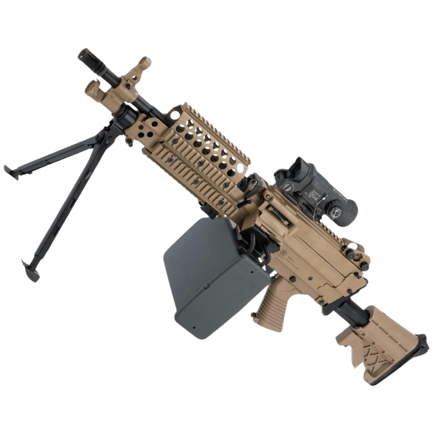 AK FN Herstal Lisanslı M249 Full Metal Gövdeli SAW Makinalı MK46 Airsoft Tüfek - Çöl Rengi