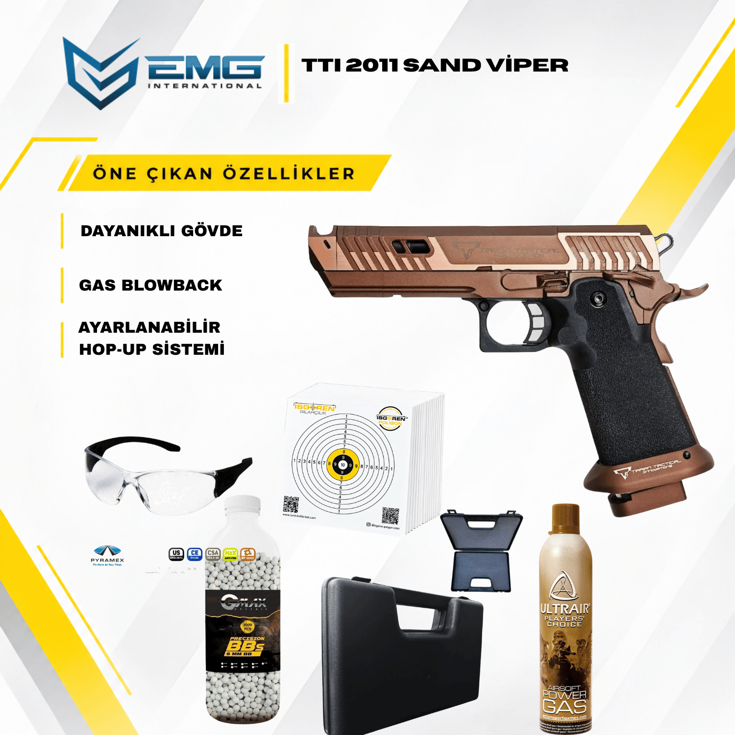 EMG Taran Tactical Innovations Lisanslı Sand Viper 2011 Hi-Capa John Wick 4 GBB Airsoft Tabanca Seti