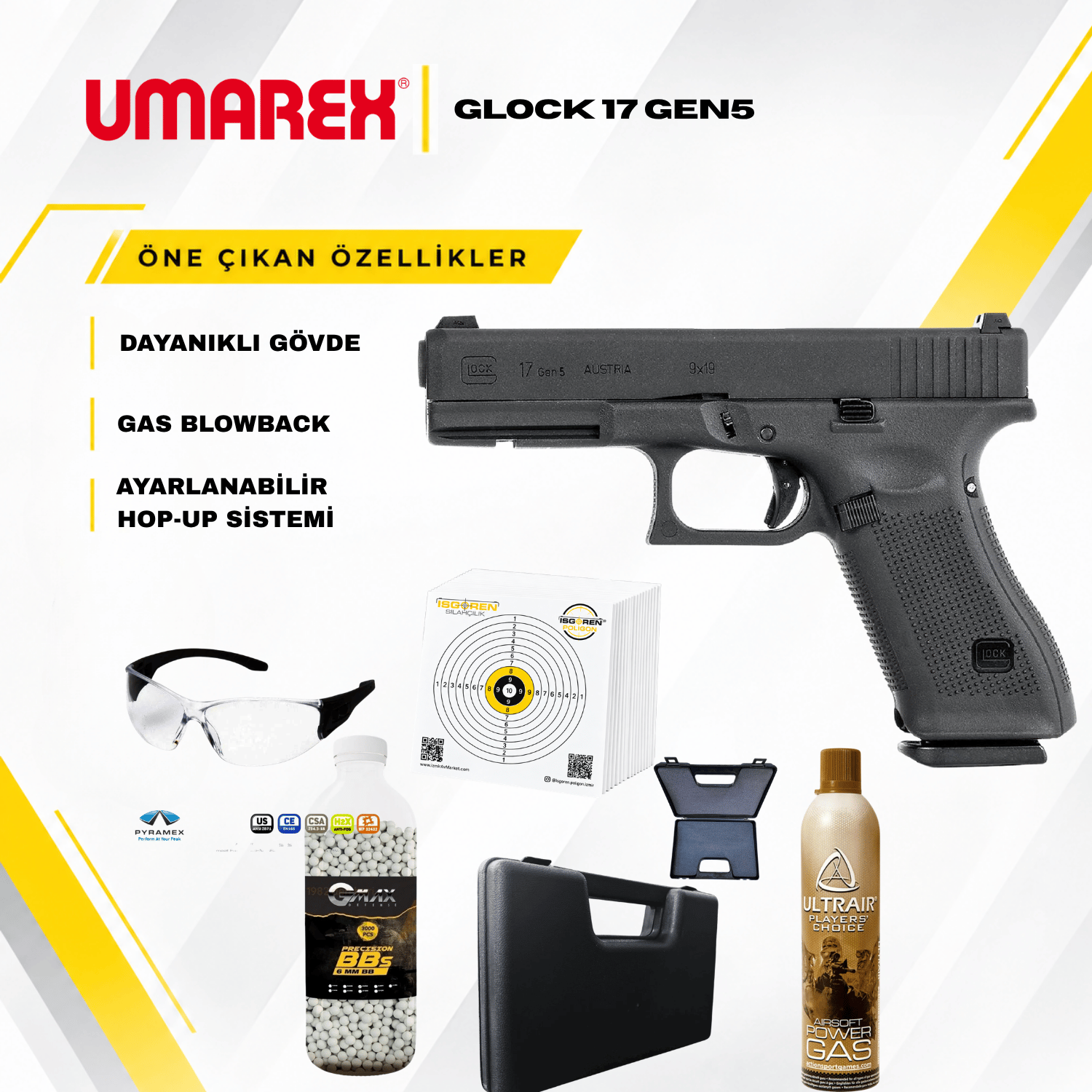 UMAREX Glock 17 Gen5 Siyah GBB Airsoft Tabanca Seti