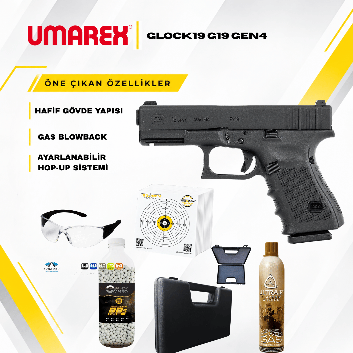 UMAREX Glock19 G19 Gen4 Siyah Airsoft GasBlowback Tabanca Seti