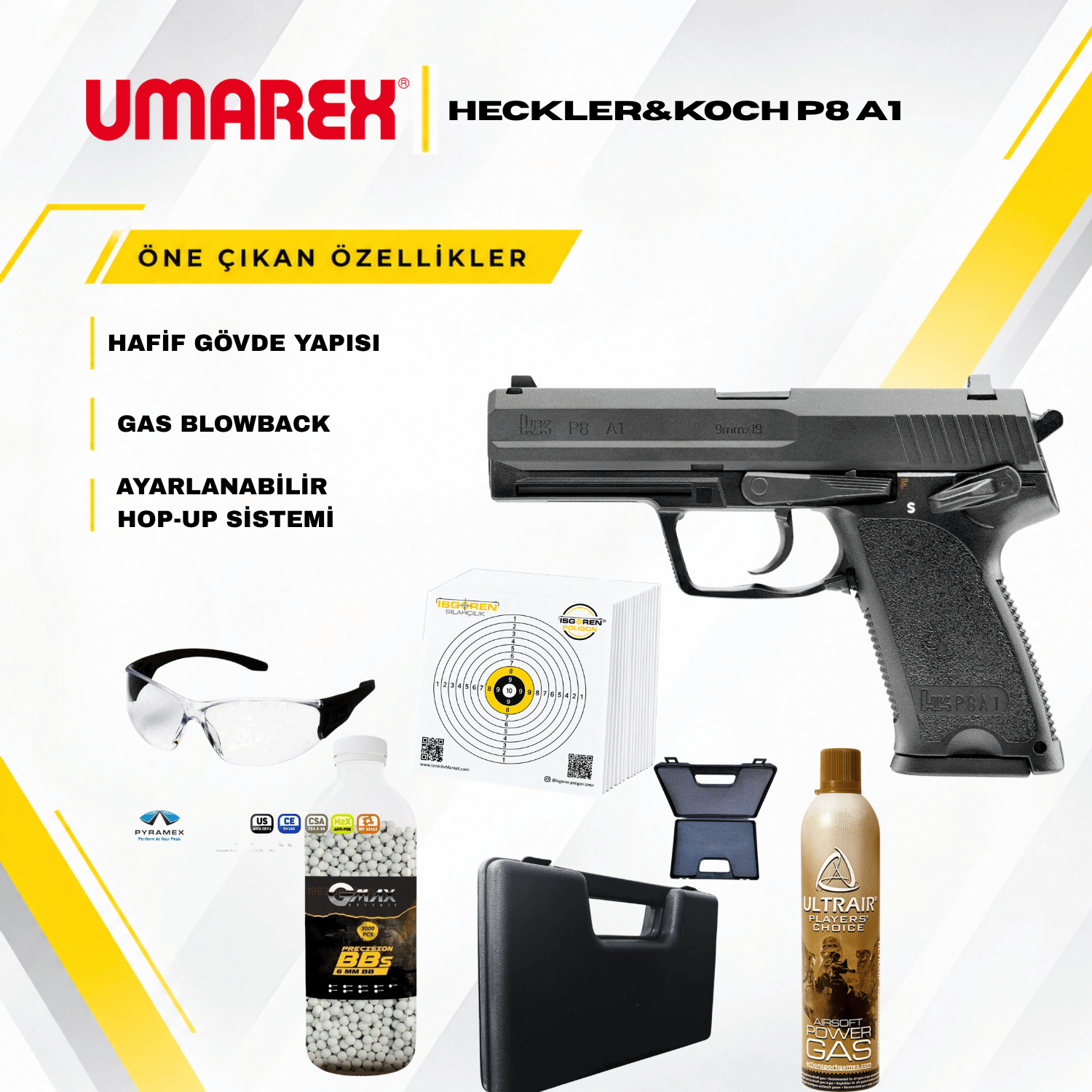 UMAREX Heckler&Koch P8 A1 Airsoft Tabanca Seti - Siyah