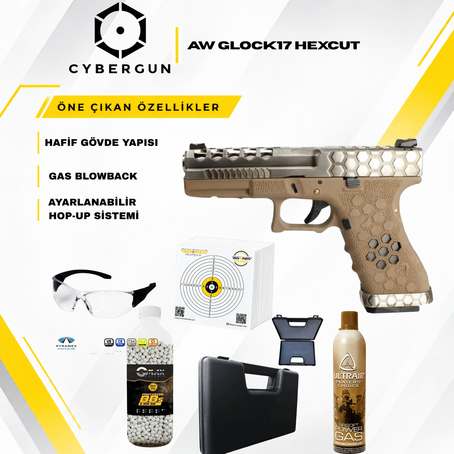 Cybergun AW Glock17 Hex Cut VX0110 Tan&Gümüş GBB Airsoft Tabanca Seti