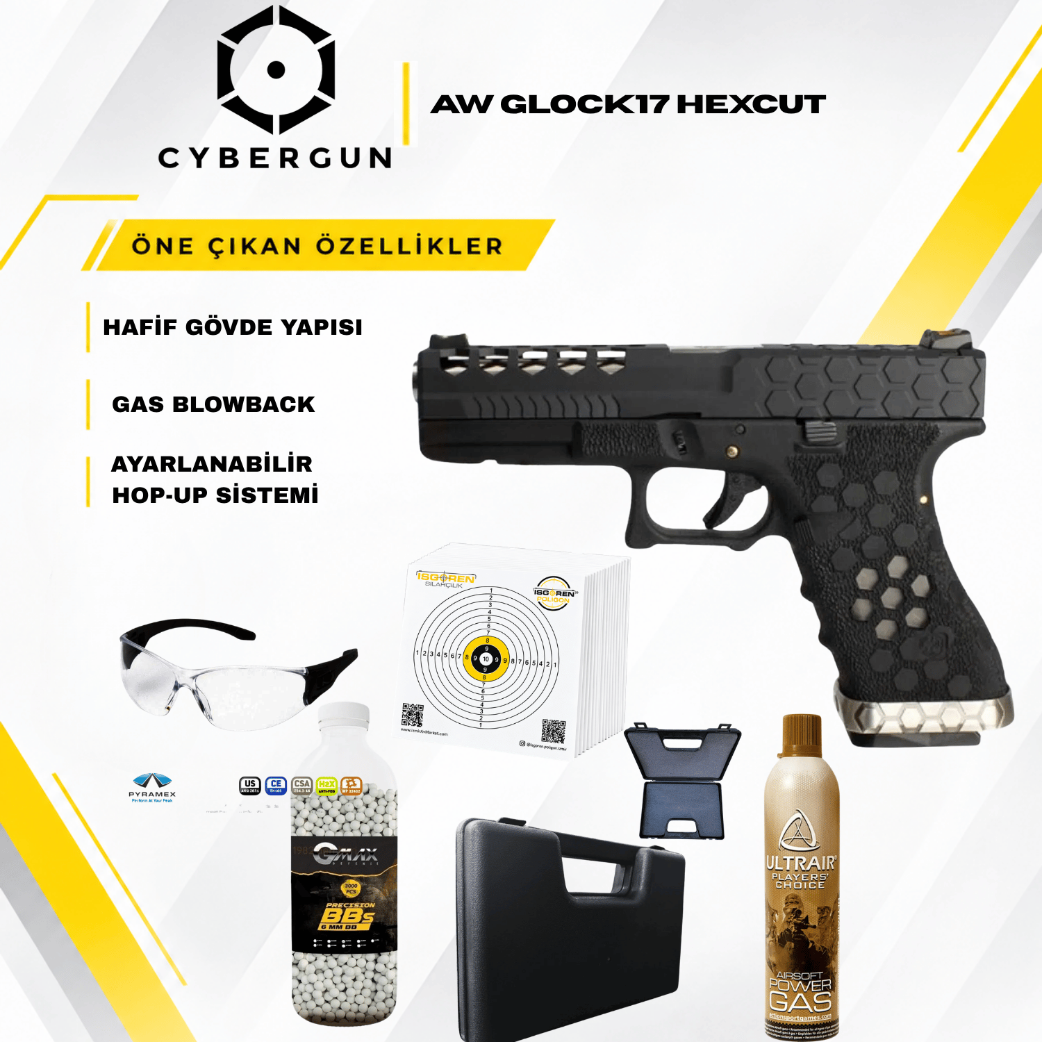 Cybergun AW Glock17 HexCut VX0101 SIYAH GBB Airsoft Tabanca Seti