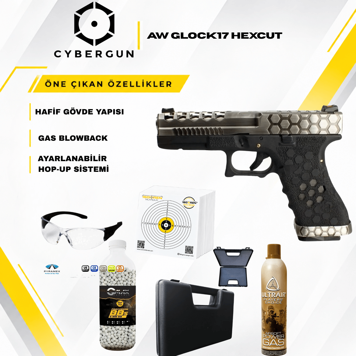 Cybergun AW Glock17 Hex Cut VX0100 Silver & Black GBB Airsoft Tabanca Seti