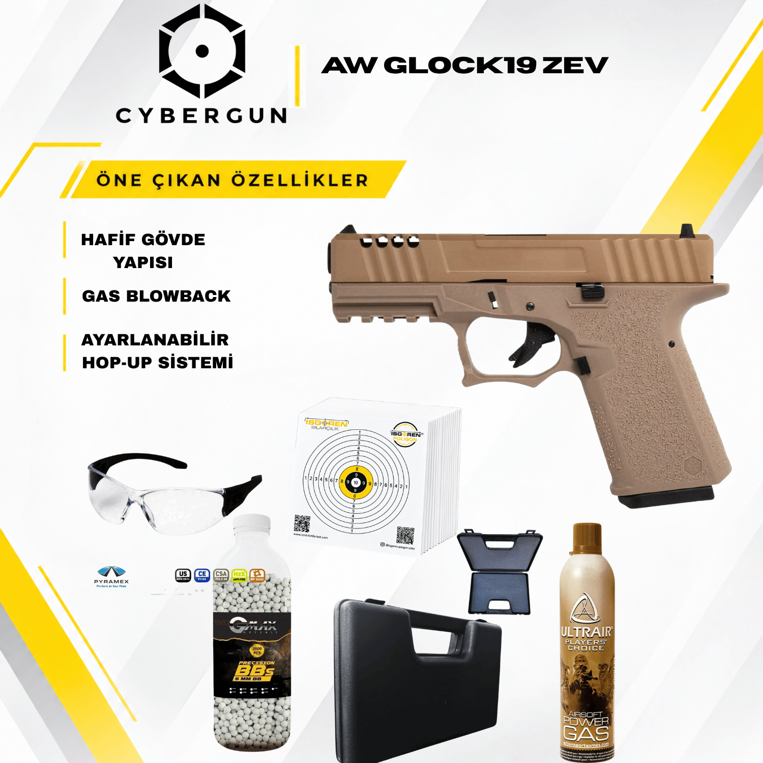 Cybergun AW Glock19 TAN VX9101 GBB Airsoft Tabanca Seti