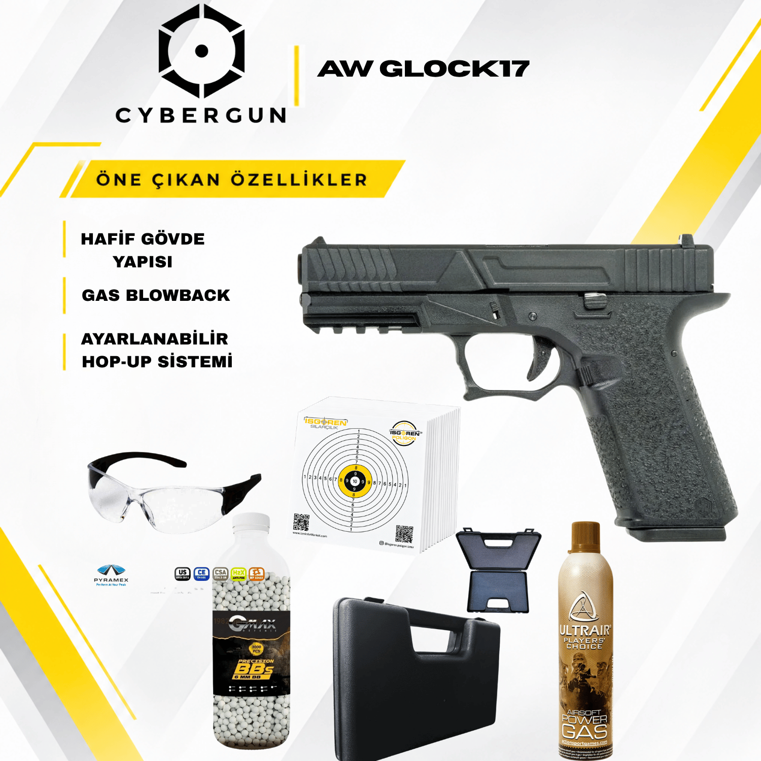 Cybergun AW Glock17 Siyah VX7300 GBB Airsoft Tabanca Seti