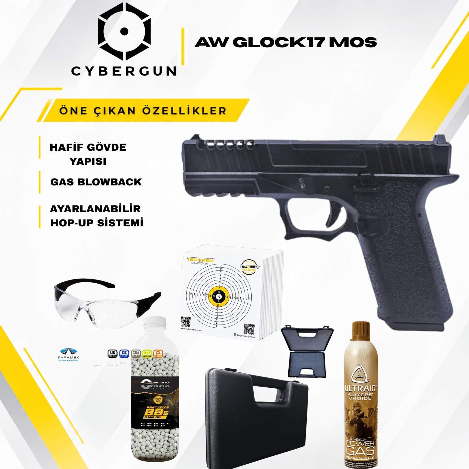 Cybergun AW Glock17 MOS Siyah VX7110 GBB RedDot Yuvalı  Airsoft Tabanca Seti