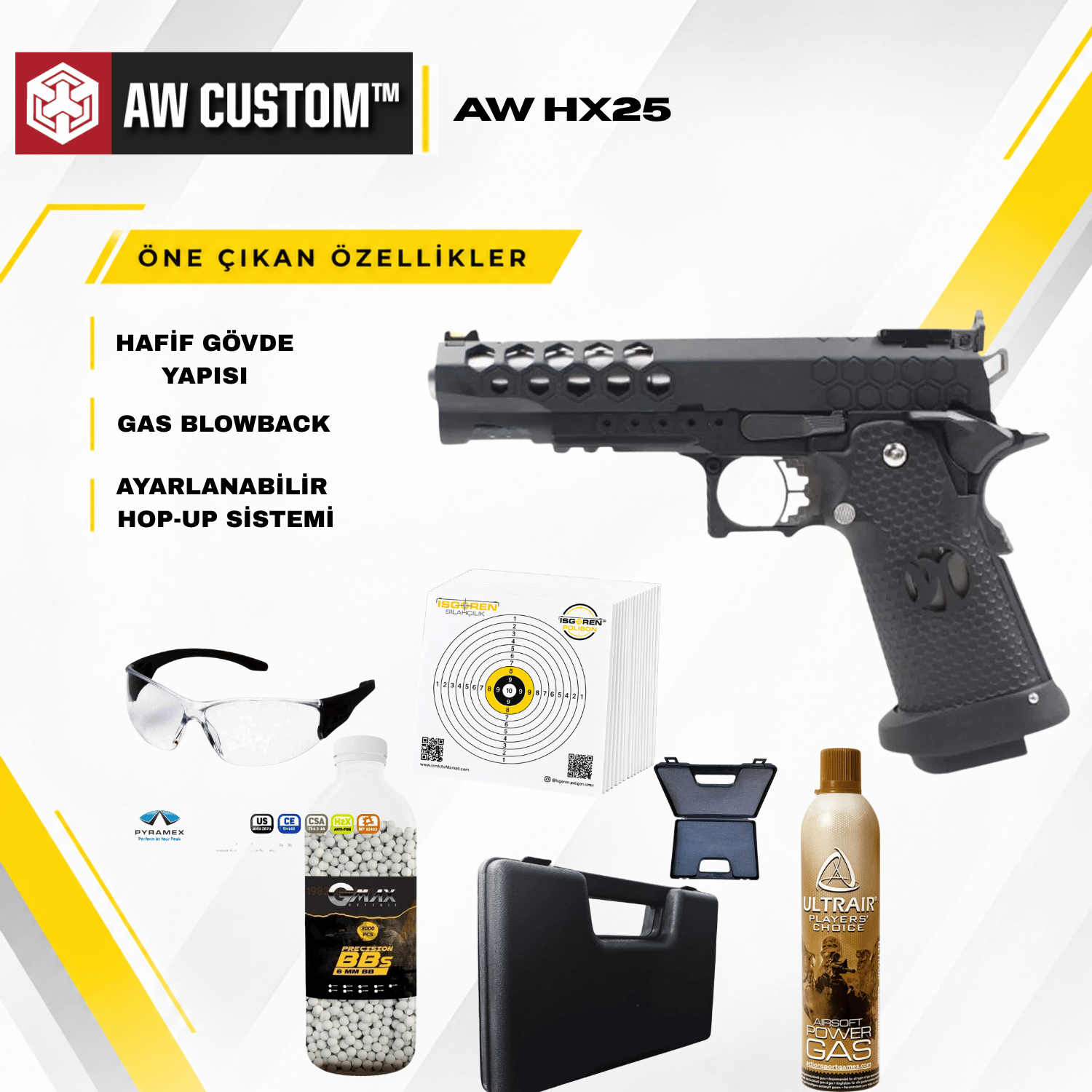 AW HX25 Full Metal ''Competition Ready'' GBB Airsoft Tabanca Seti - Siyah
