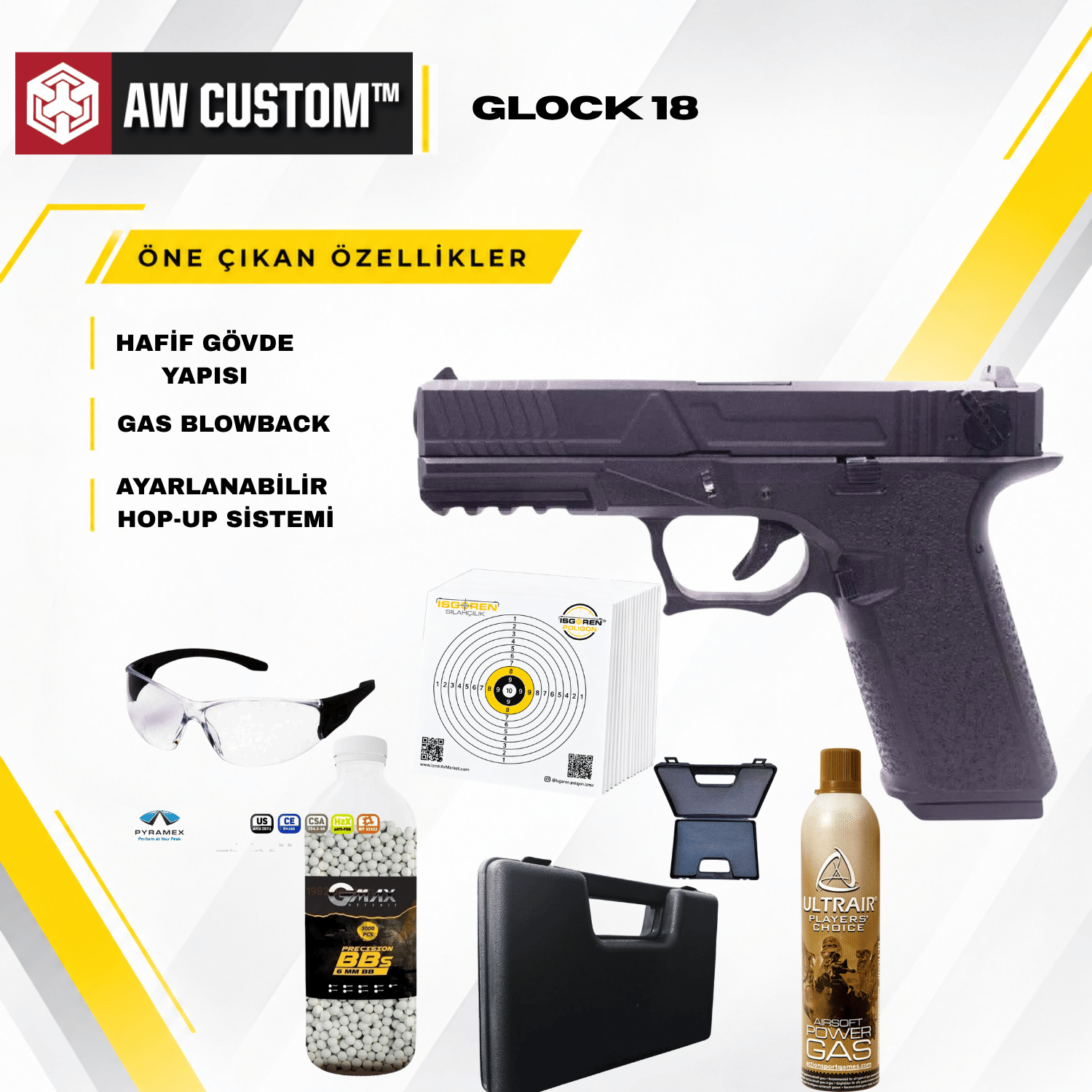 AW VX8300 Glock 18 Agency Full Auto Siyah GBB Airsoft Tabanca Seti