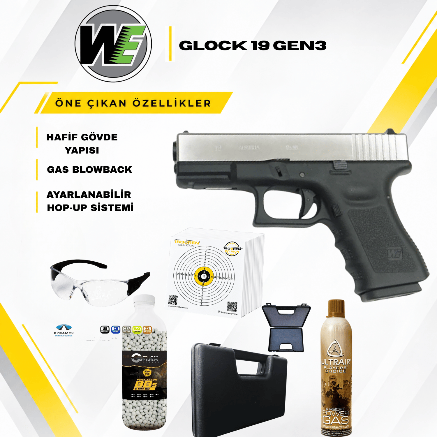 WE G19 Glock 19 Gen3 Sılver Gbb Airsoft Tabanca Seti