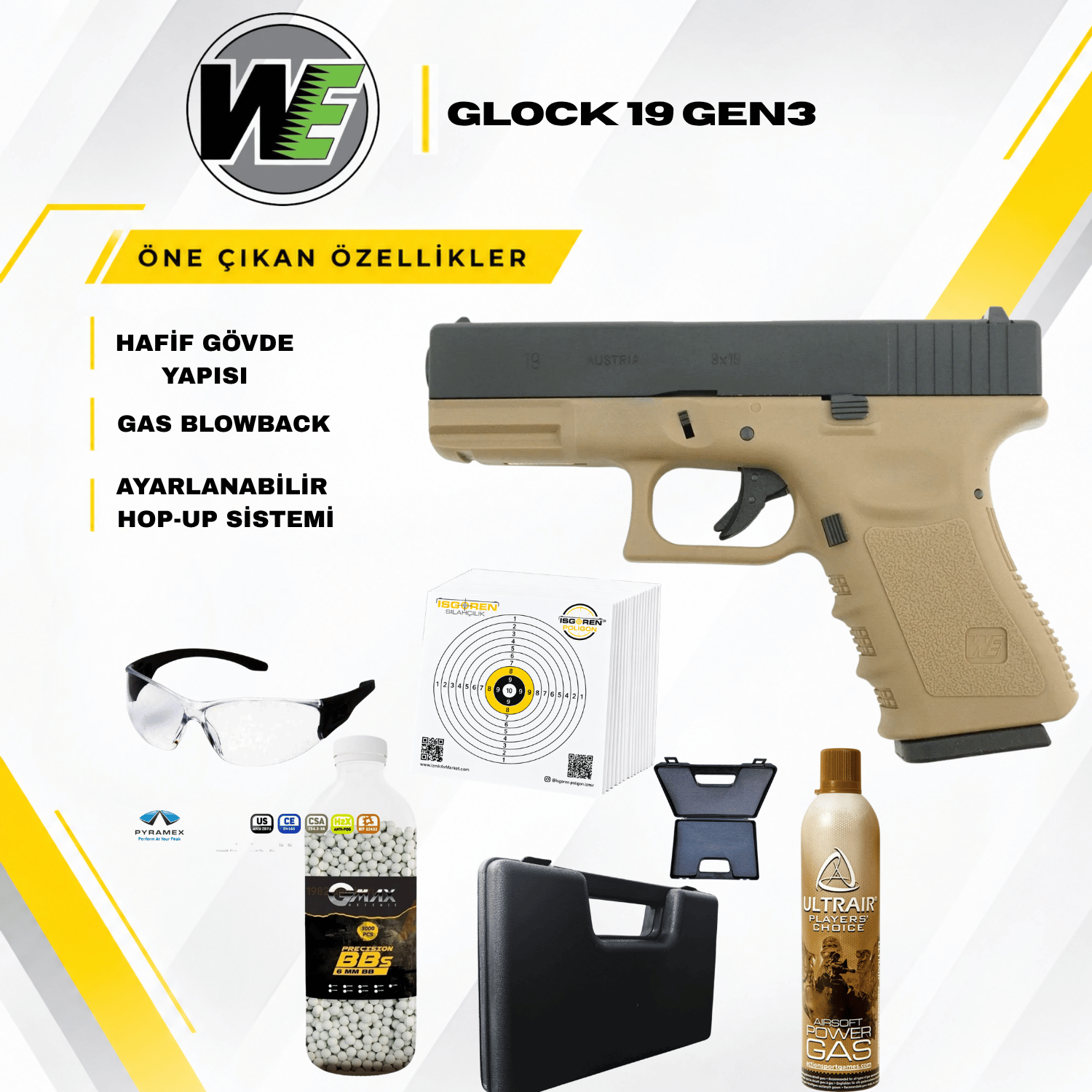 WE G19 Glock 19 Gen3 Tan Gbb Airsoft Tabanca Seti