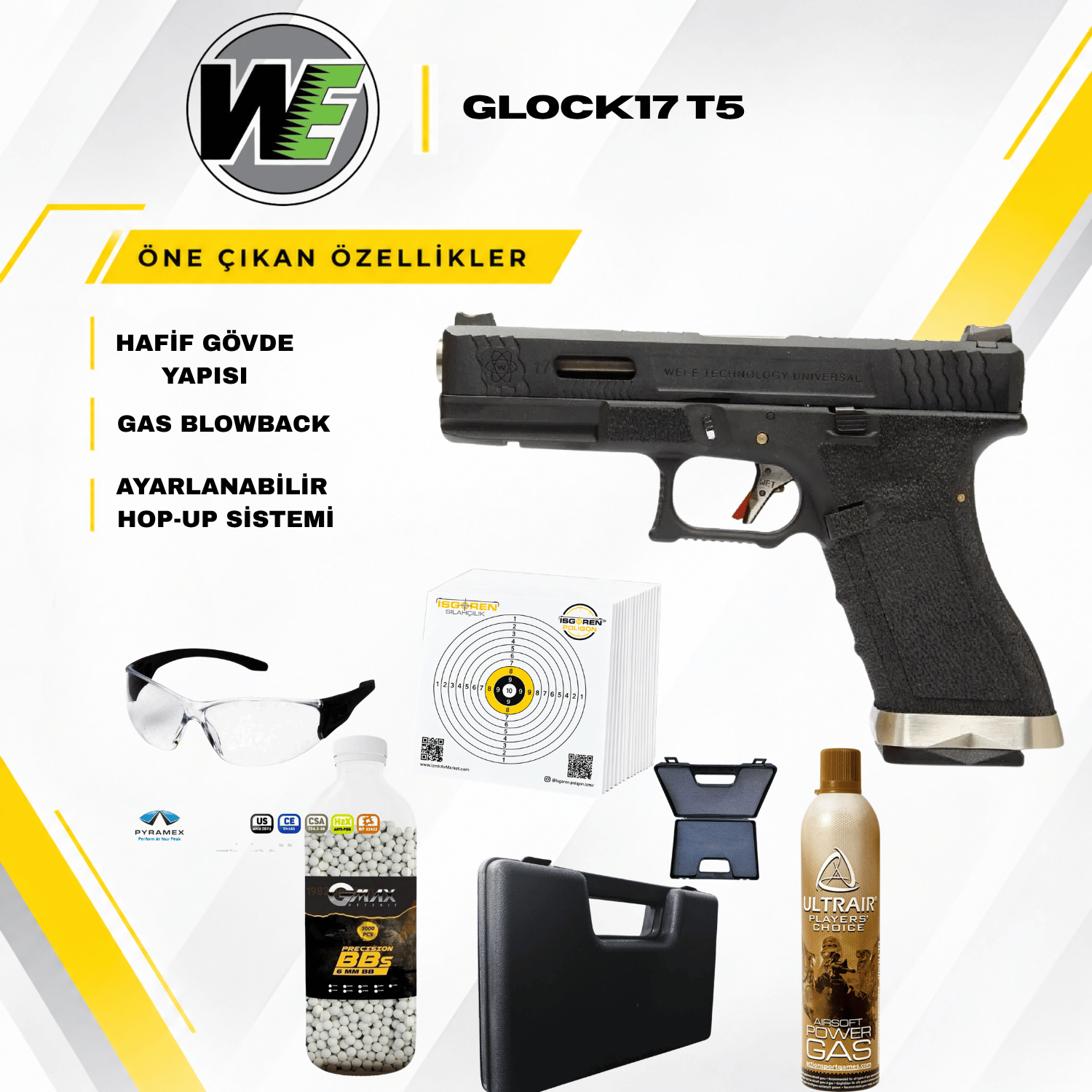 WE Glock 17 T5 Gbb Airsoft Tabanca Seti - Siyah