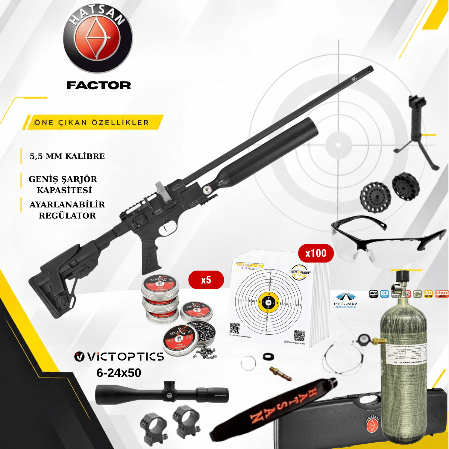 HATSAN FACTOR 5.5mm PCP Carbon Tüplü Havalı Tüfek Seti