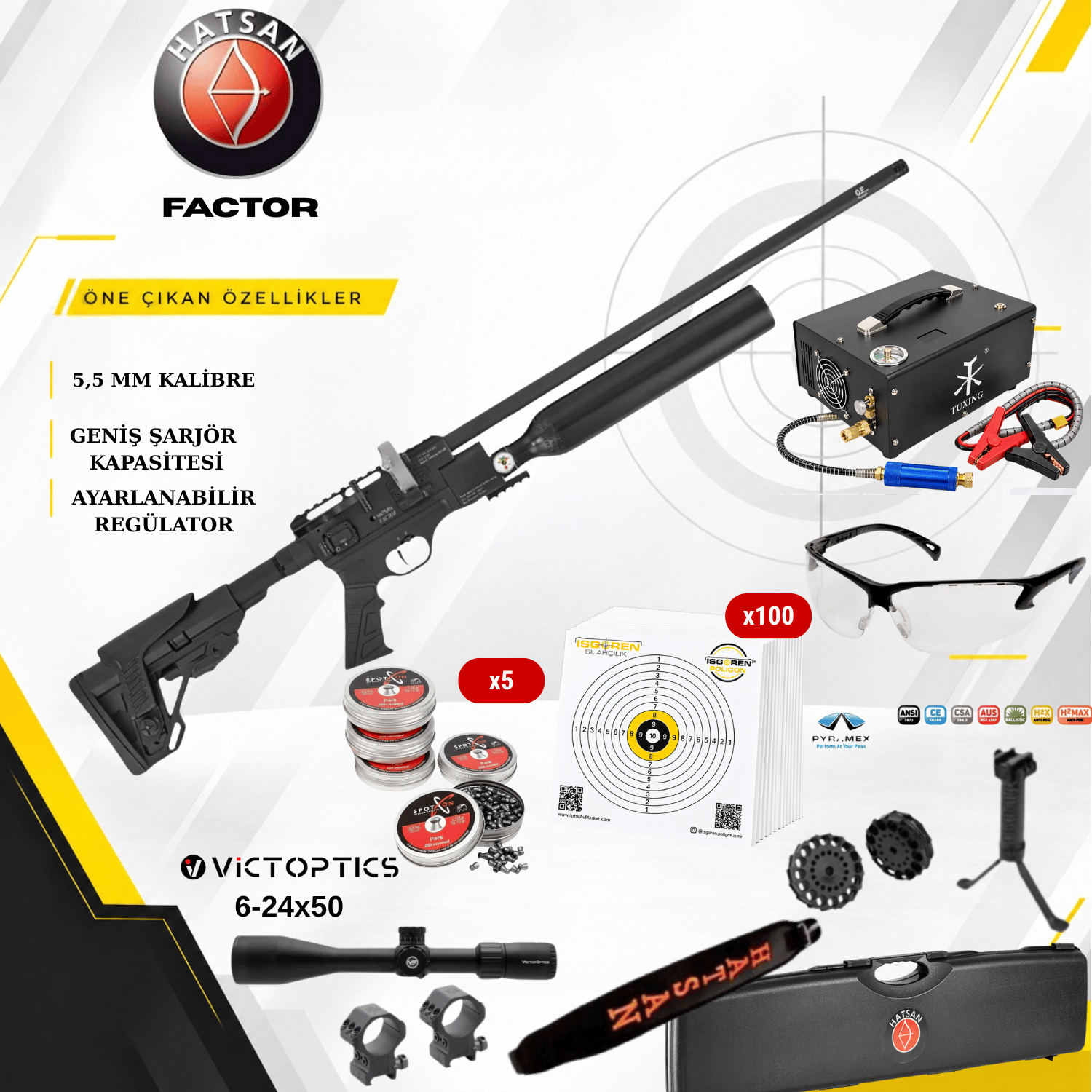 HATSAN FACTOR 5.5mm PCP Kompresörlü Havalı Tüfek Seti