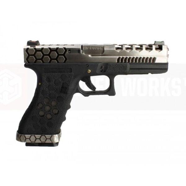 Cybergun AW Glock17 Hex Cut VX0100 Silver & Black GBB Airsoft Tabanca