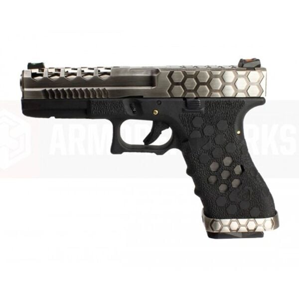 Cybergun AW Glock17 Hex Cut VX0100 Silver & Black GBB Airsoft Tabanca