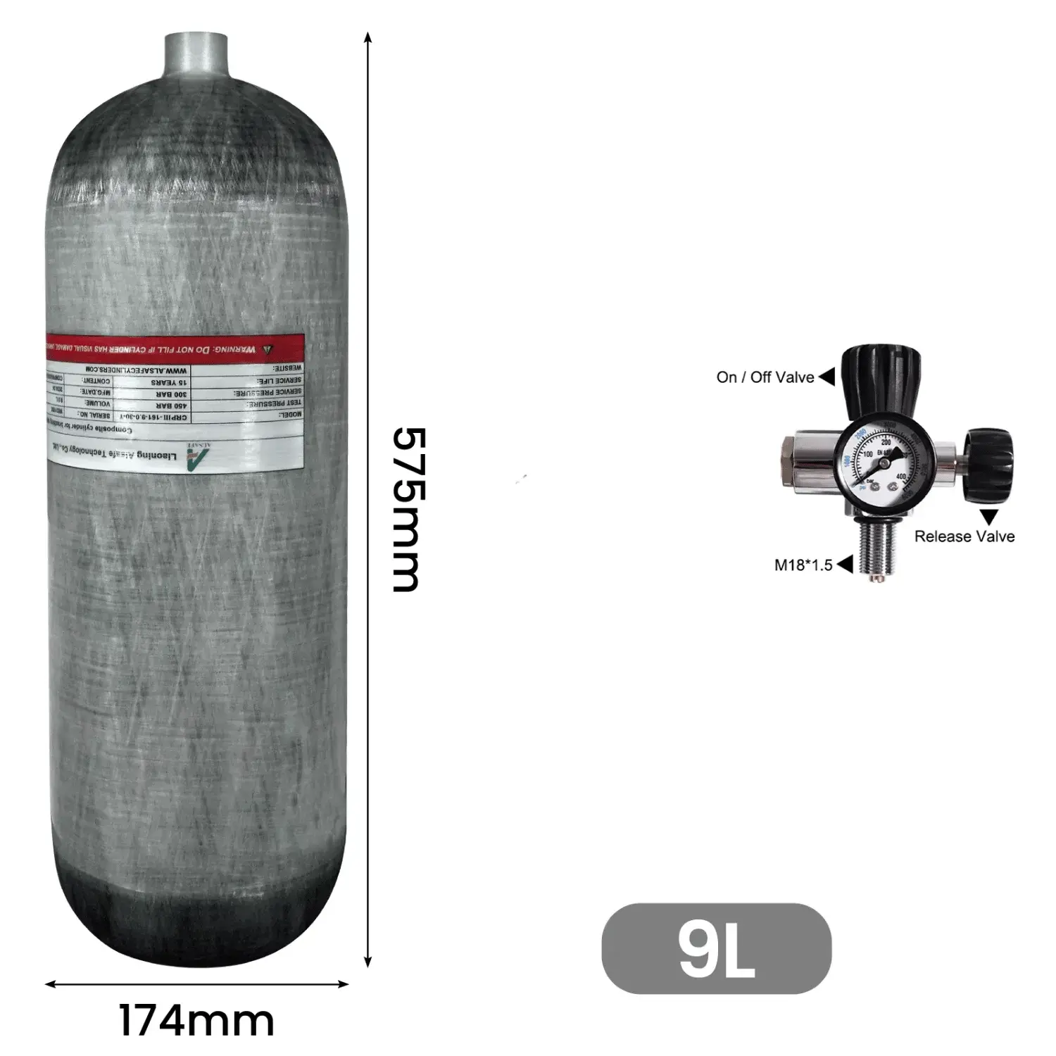 TUXING 9 Litre Karbon PCP Dolum Tankı 300 Bar + Valf Seti