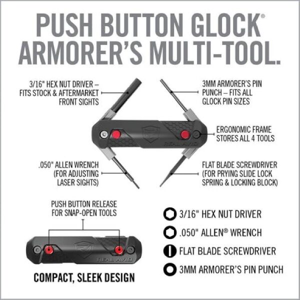 REAL AVID 4-In-1 Tool™ For Glock*  Push Buton specific tools.