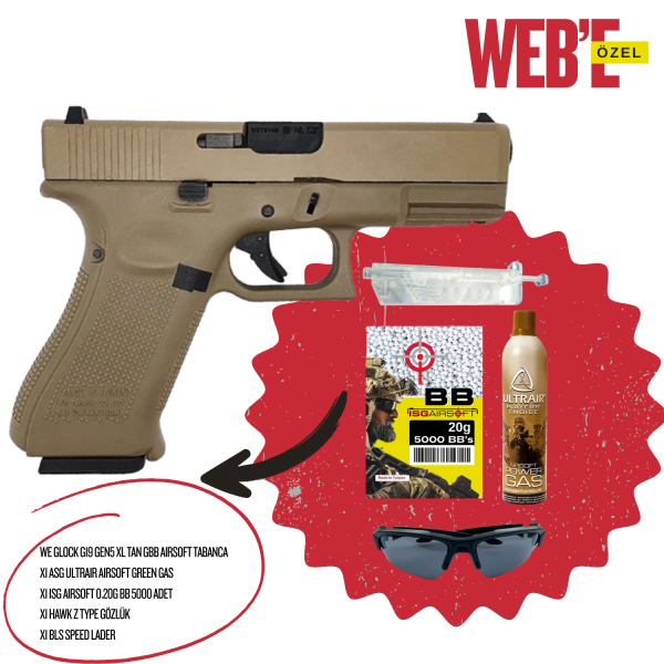 WE G19XL GEN5 TAN GBB GLOCK AIRSOFT TABANCA PAKETİ