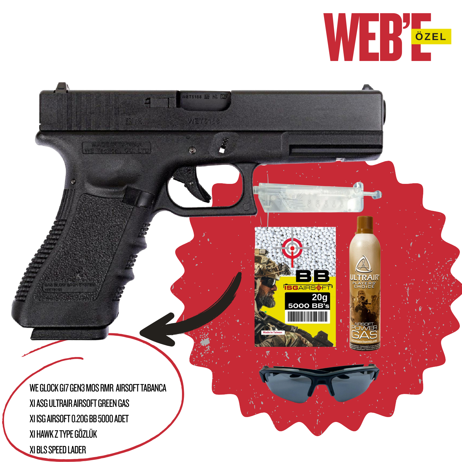 WE GLOCK G17 GEN3 MOS RMR REDDOT AYAKLI GBB AIRSOFT TABANCA SETİ