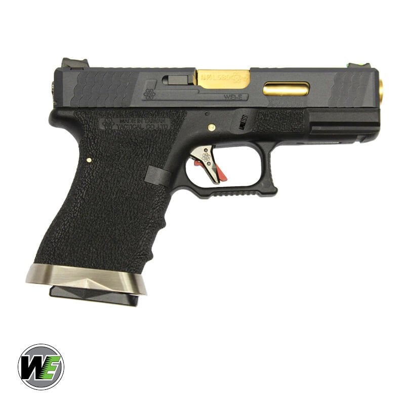 WE Glock G19 T1 SIYAH GOVDE (Siyah Kızak / Altın Namlu) GBB Airsoft Tabanca