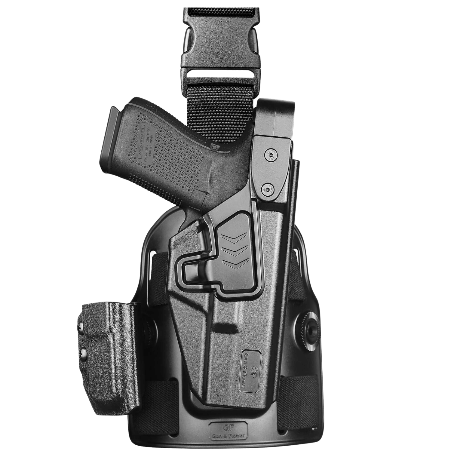 Gun&Flower Universal Seviye III Glock 17/G19 Gen3-5,G19X,G23/G22/G31/G32 Gen3-4,G44 ,G45 Uyumlu Polimer Leg Holster Bacak Kılıfı - Sağ El, Siyah