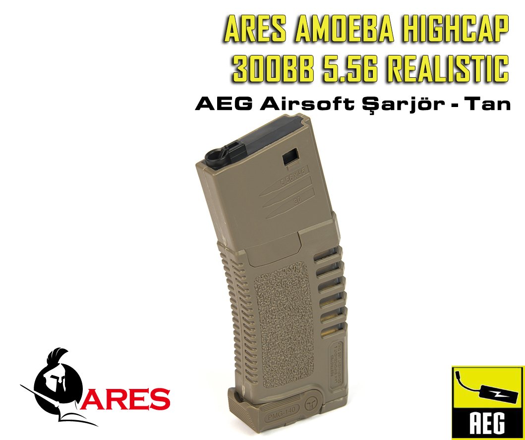 ARES AMOEBA HIGHCAP 300BB 5.56 REALISTIC AEG MAGAZINE ŞARJÖR - TAN