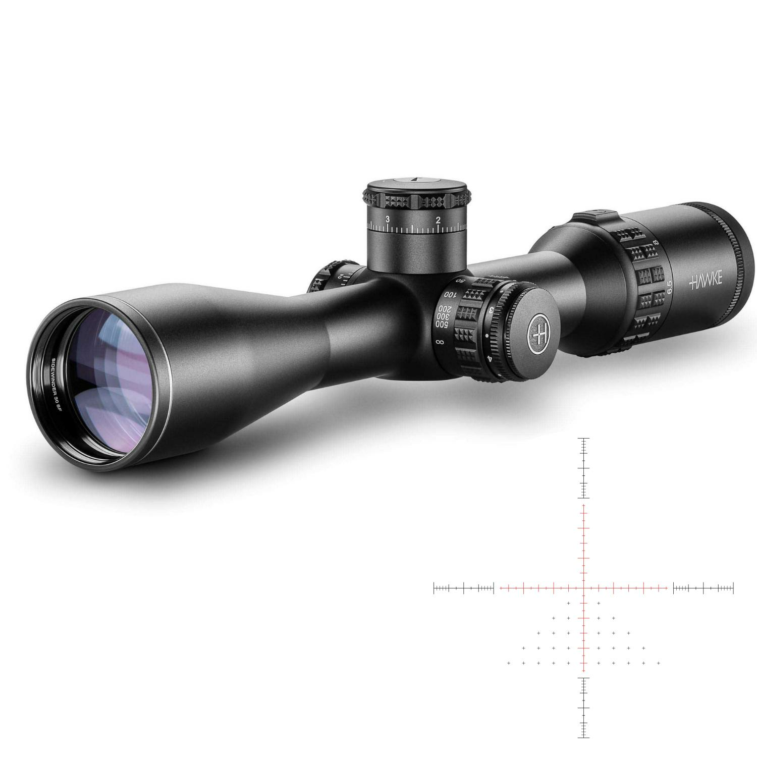 HAWKE SideWinder 30mm SFP 6.5-20x44 20x 1.2 Mil Dot + (Half Mil Reticle) Yivli Tüfek Dürbünü 17150