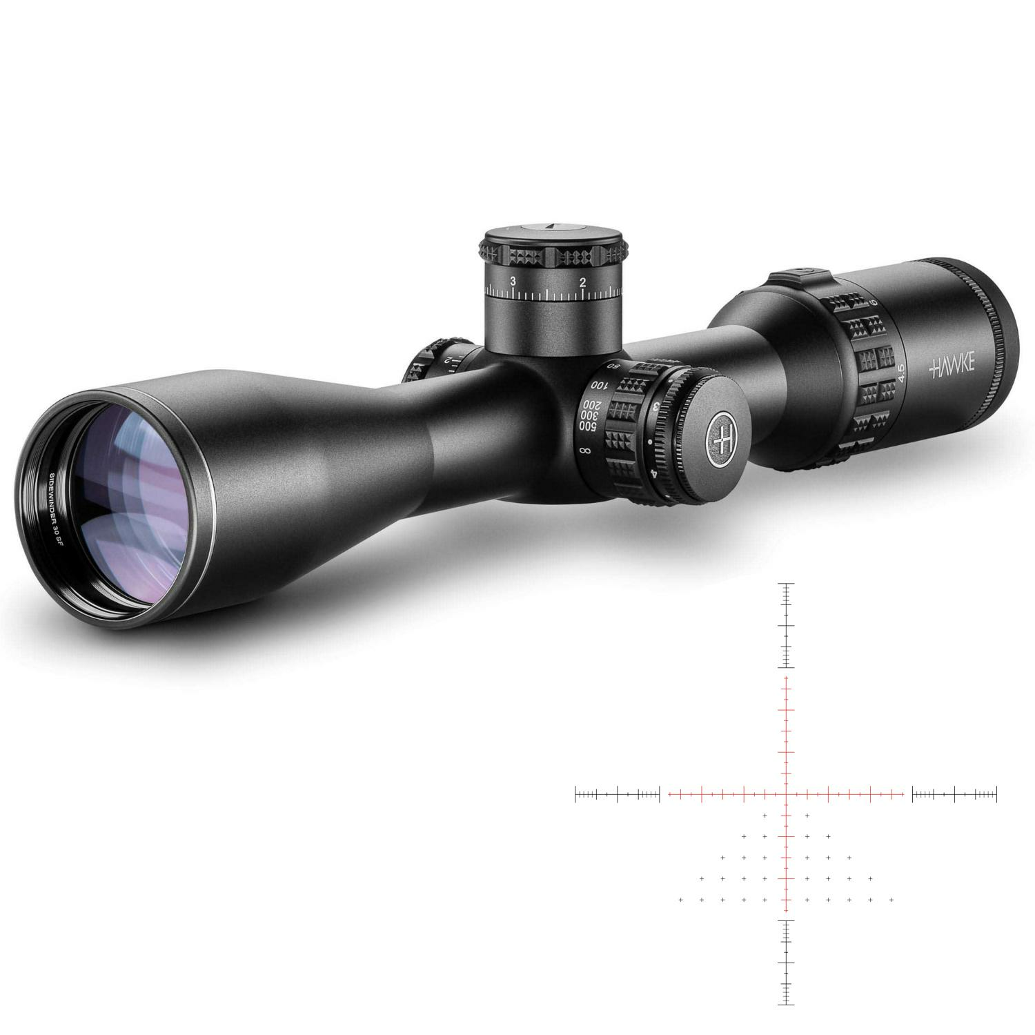HAWKE SideWinder 30mm SFP 4.5-14x44 10x 1.2 Mil Dot + (Half Mil Reticle) Yivli Tüfek Dürbünü 17140