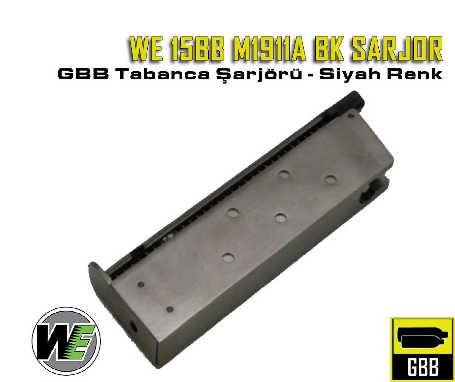 WE M1911A 15BB Siyah Metal Taban GAS Airsoft Tabanca Şarjörü