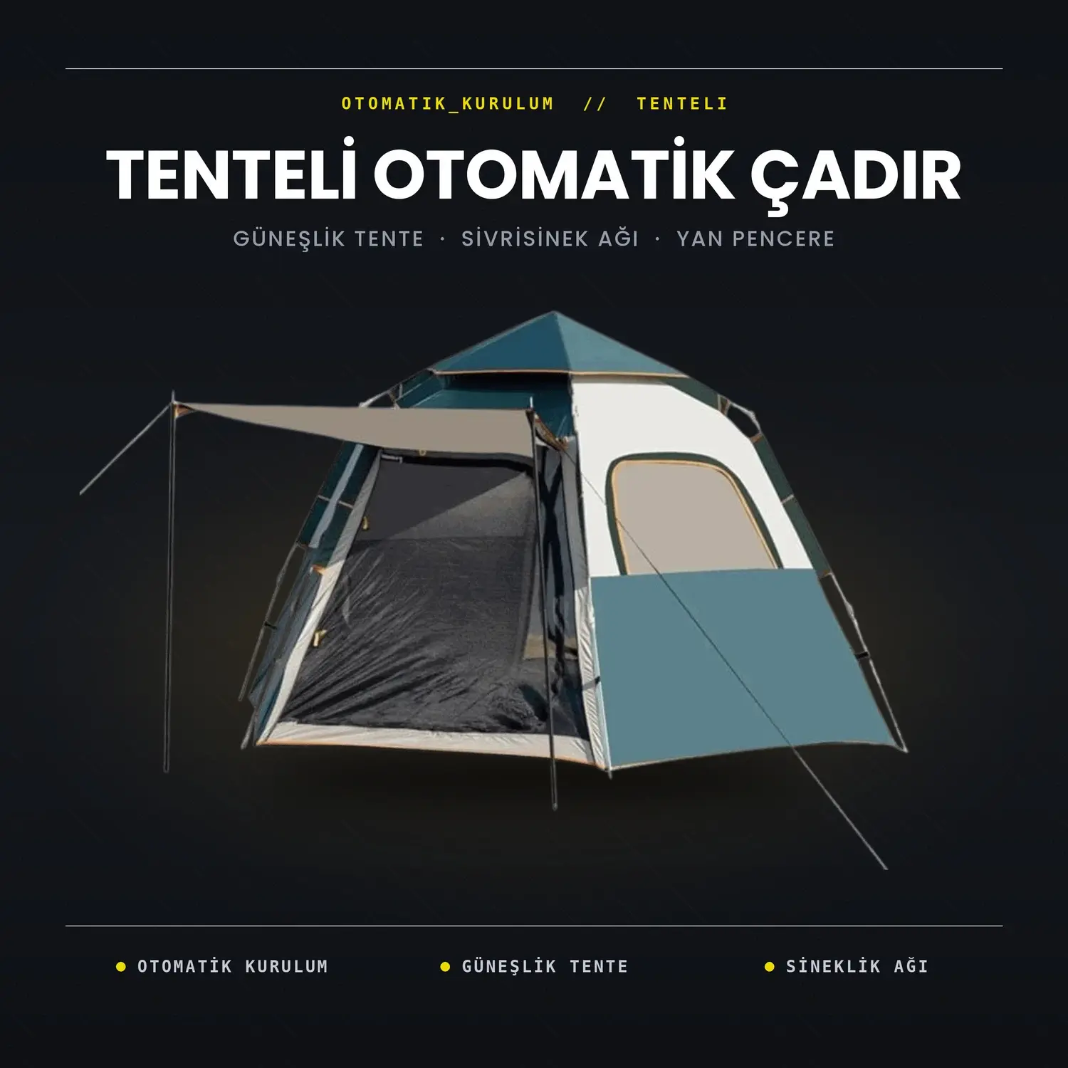 DFT 4 Kişilik Oto.Çadır  2,1x2,1x1,5 cm -Yeşil-Bej