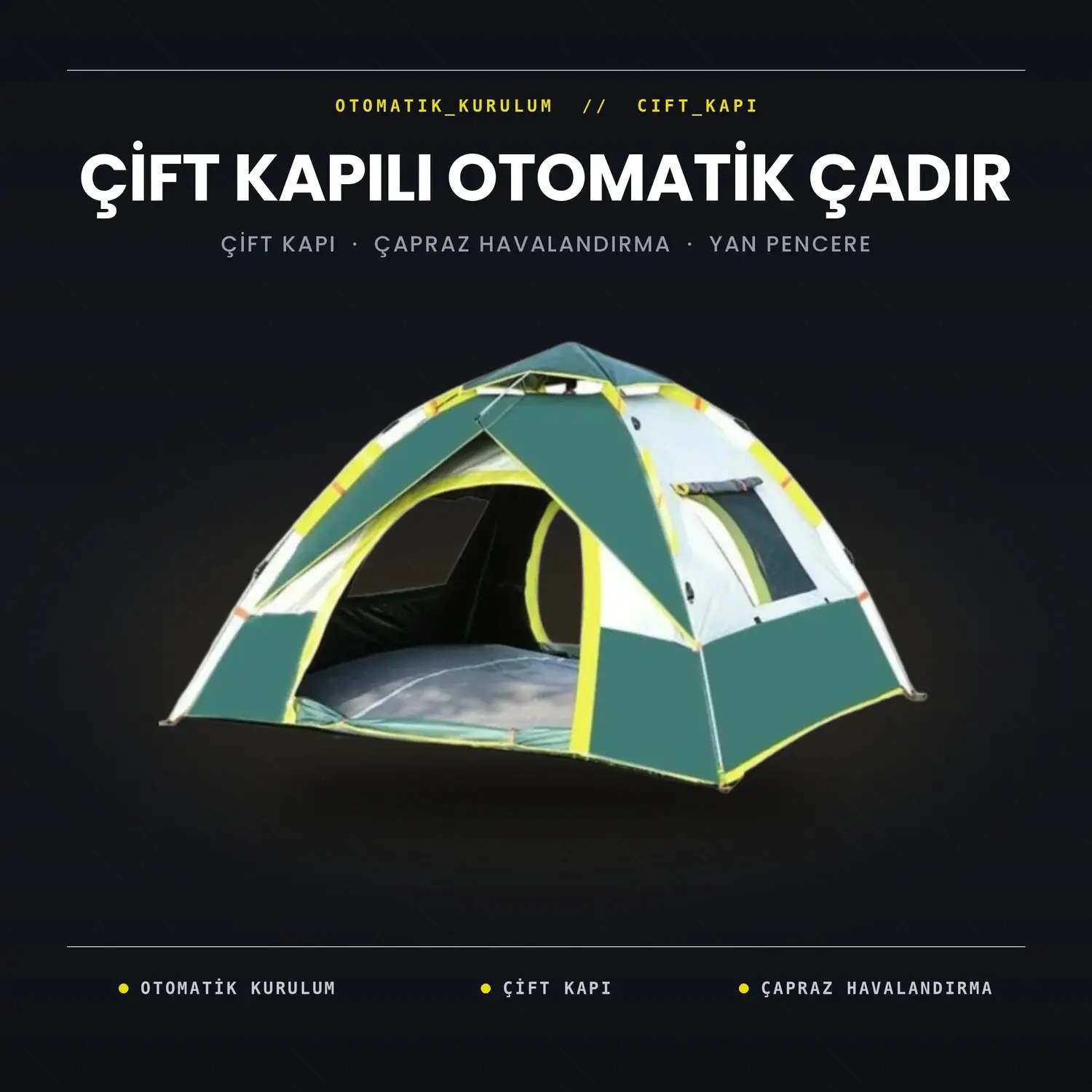 DFT 3 Kişilik Otomatik Çadır 2x1,85x1,30cm - Yeşil-Bej