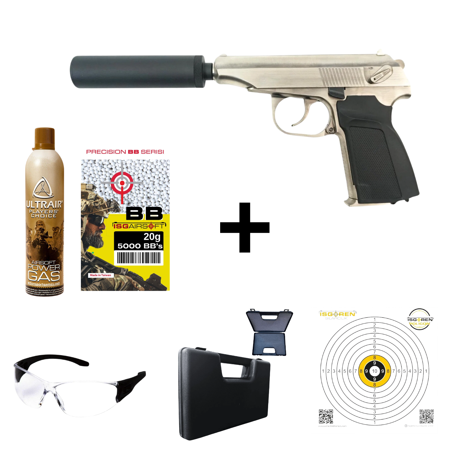 WE MAKAROV Susturuculu SILVER Airsoft GBB Tabanca Seti