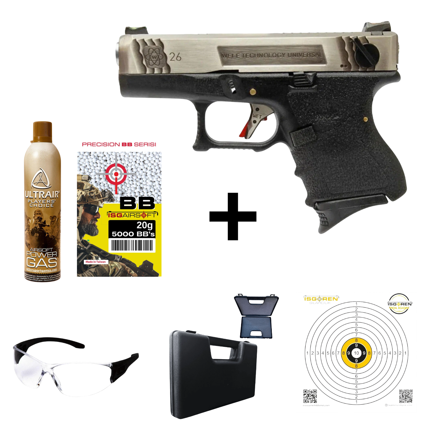 WE GLOCK26 G26 FullAuto T7 GBB Airsoft Tabanca Seti-Silver
