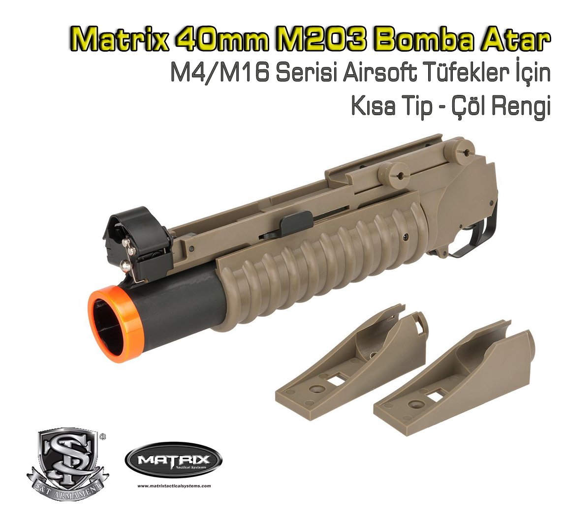 Matrix 40mm M203 Bomba Atar M4 M16 Serisi Airsoft Tüfekler İçin Kısa Tip Çöl Rengi